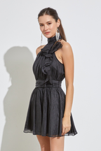 Black Ruffle Detail High Neck Mini