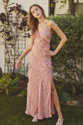 Pink Ruffle High Slit Maxi
