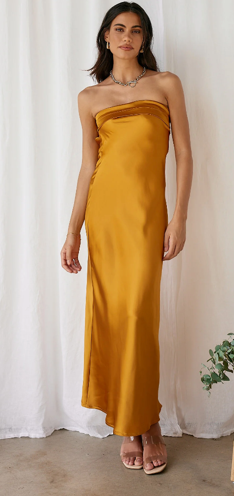 Gold Strapless Satin Maxi