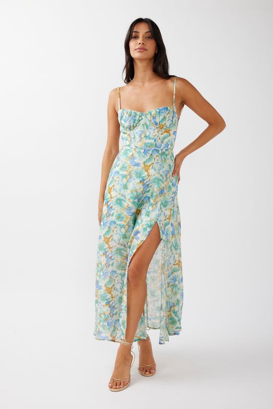 Green and Blue Floral Bustier Maxi