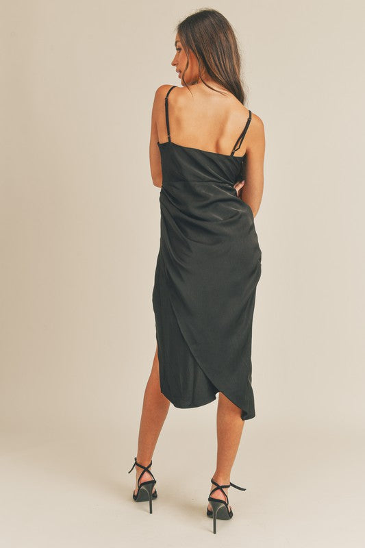 Black Cowl Neck Satin Draped Midi
