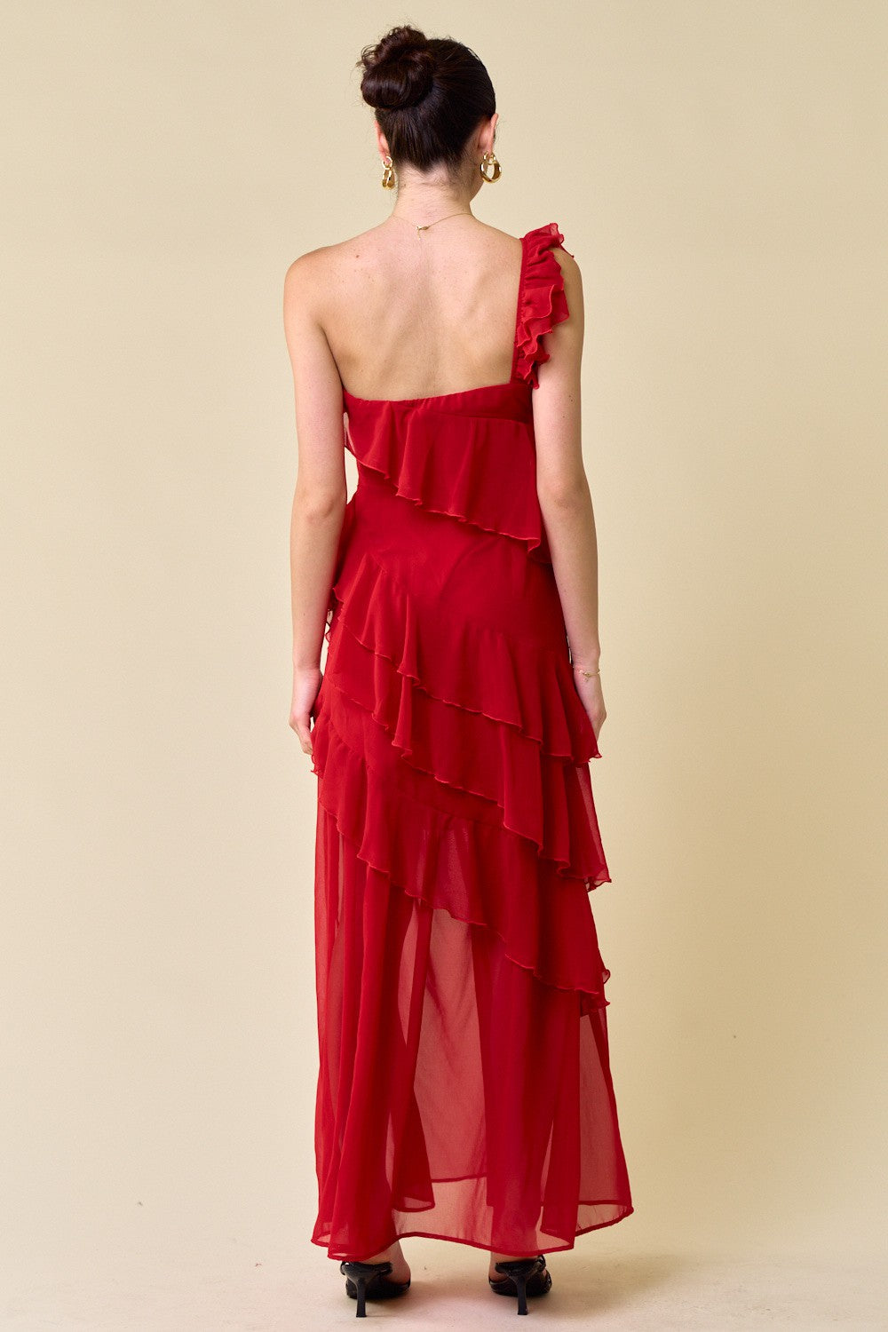 Red One Shoulder Asymmetrical Ruffle Maxi
