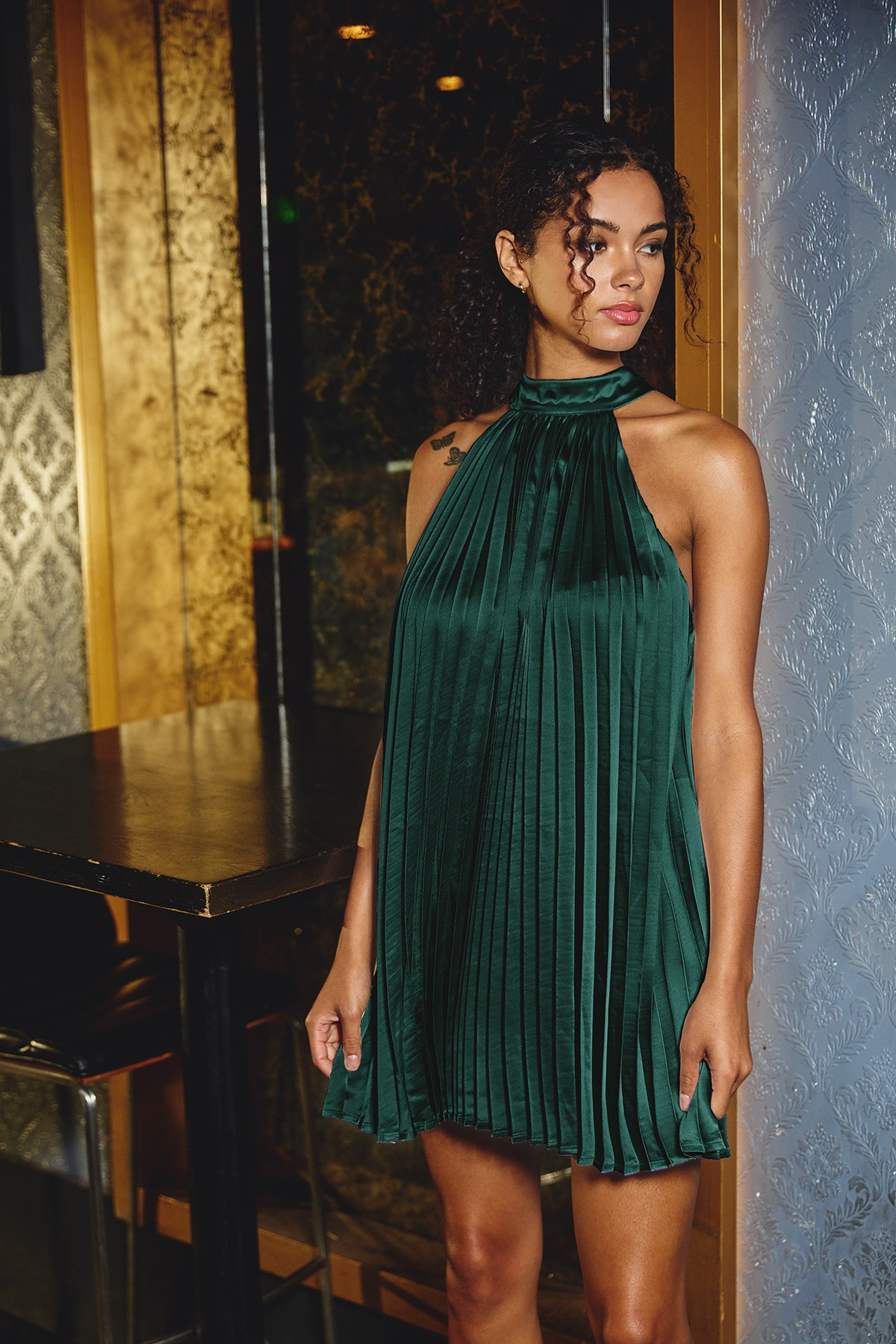 Emerald Satin Pleated Halter Mini