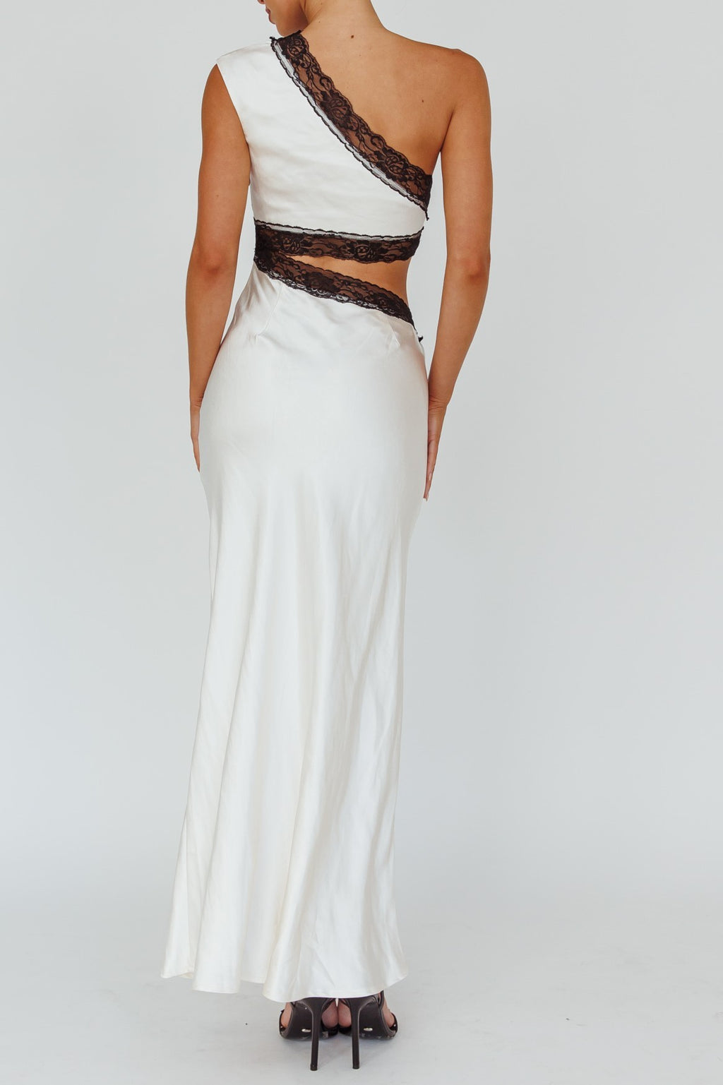 White One Shoulder Black Lace Trim Maxi
