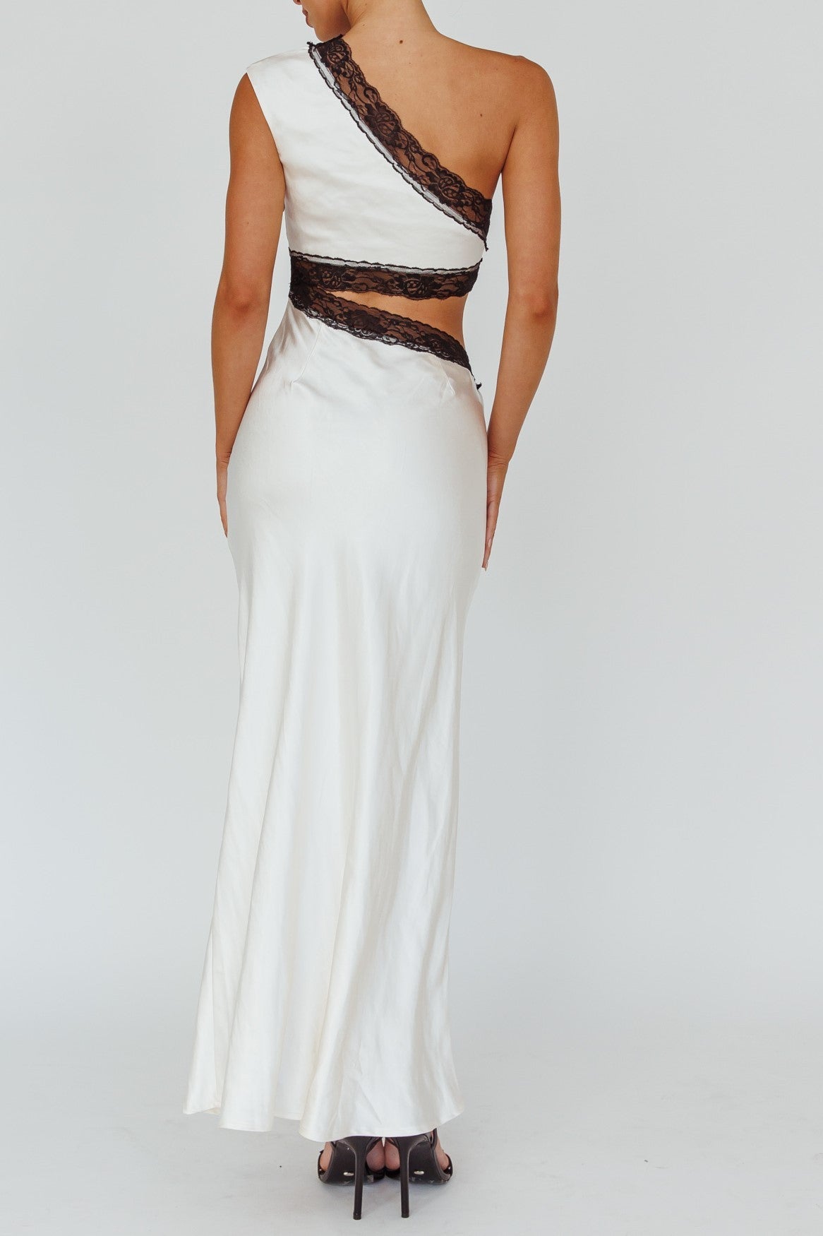 White One Shoulder Black Lace Trim Maxi