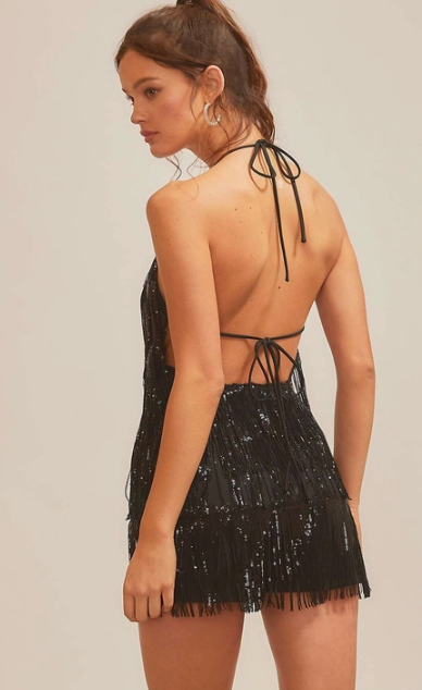 Black Sequin Tassel Romper