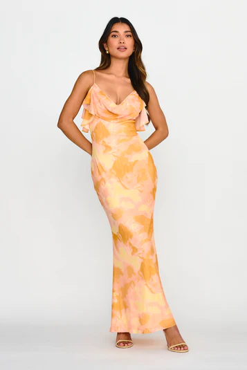 Coral Patterned Cowl Neck Maxi
