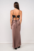 Taupe & Black Color Block Satin Maxi
