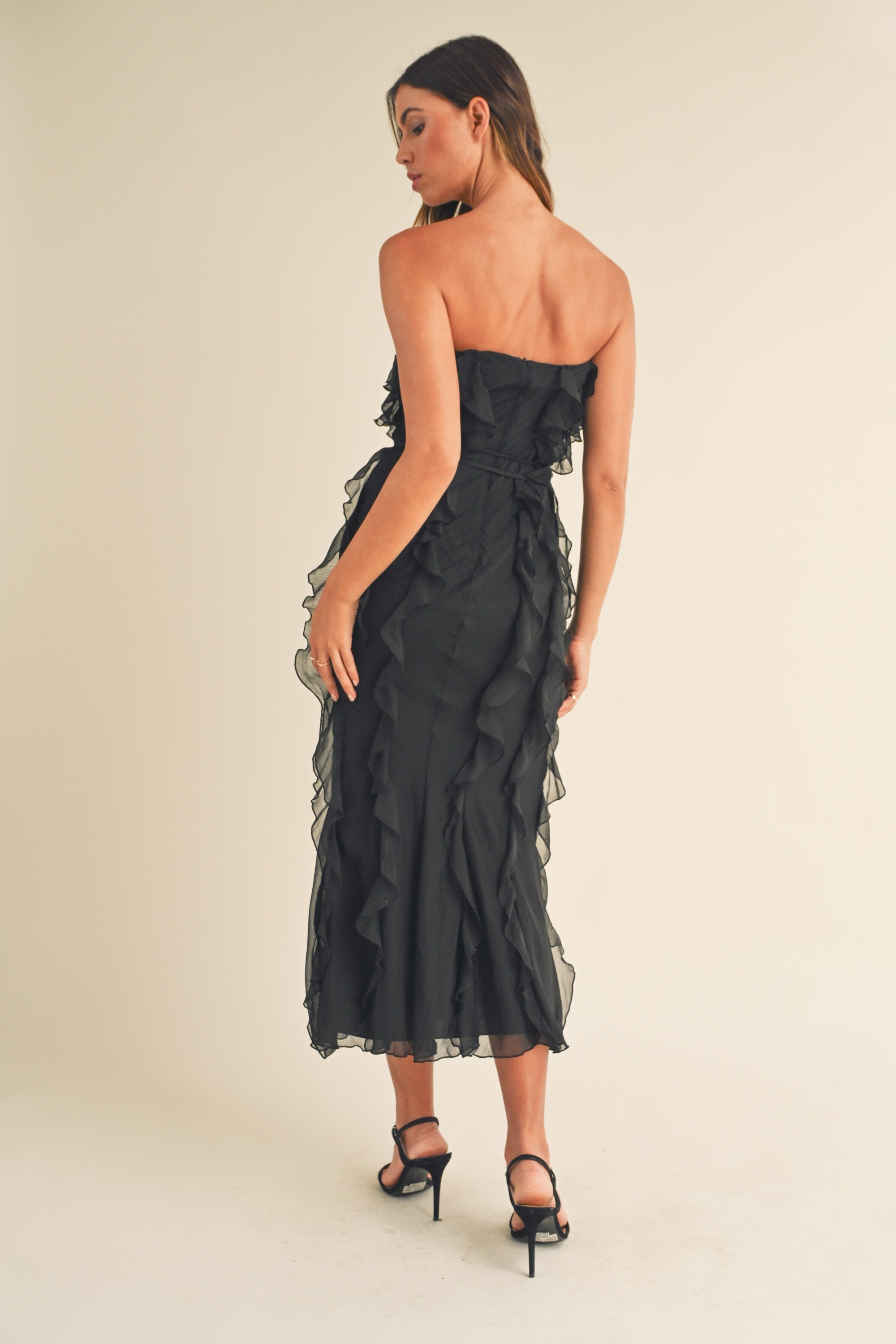 Black Ruffle Strapless Midi