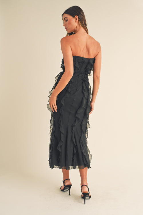 Black Ruffle Strapless Midi