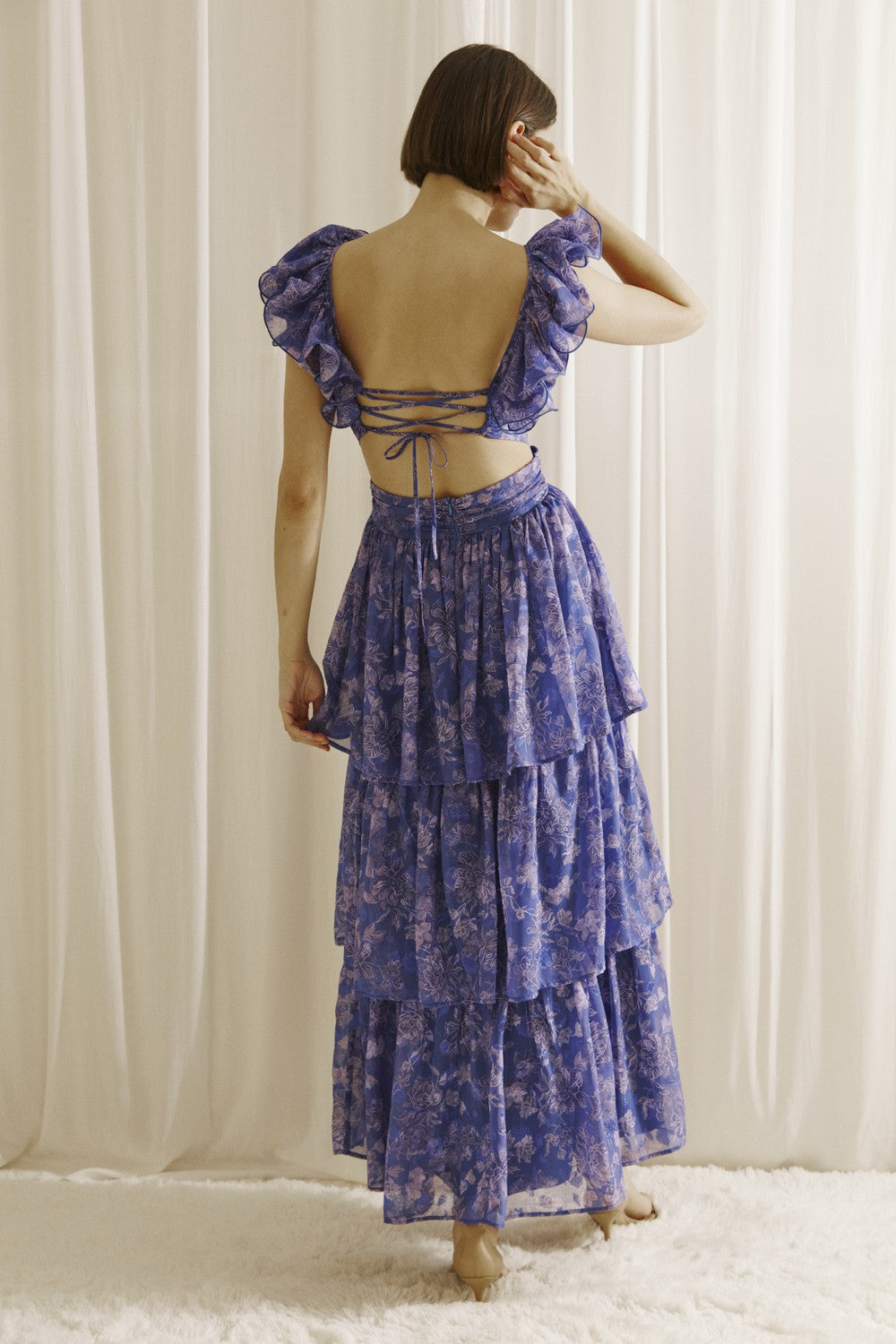 Purple Romantic Floral Ruffle Maxi