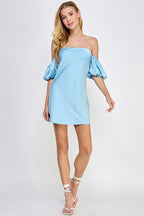 Light Blue Off the Shoulder Satin Mini