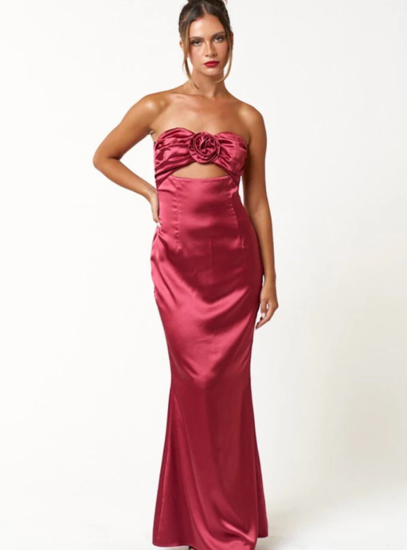 Rose Flower Detail Satin Maxi