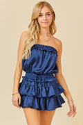 Navy Blue Strapless Ruffle Romper