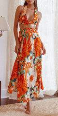 Orange Floral Gold Hoop Center Cut-Out Maxi