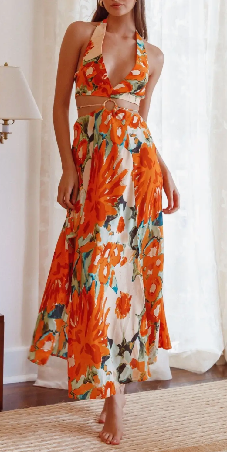 Orange Floral Gold Hoop Center Cut-Out Maxi