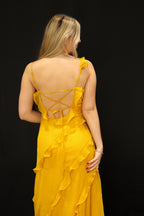 Yellow Asymmetrical Ruffle Linen Maxi