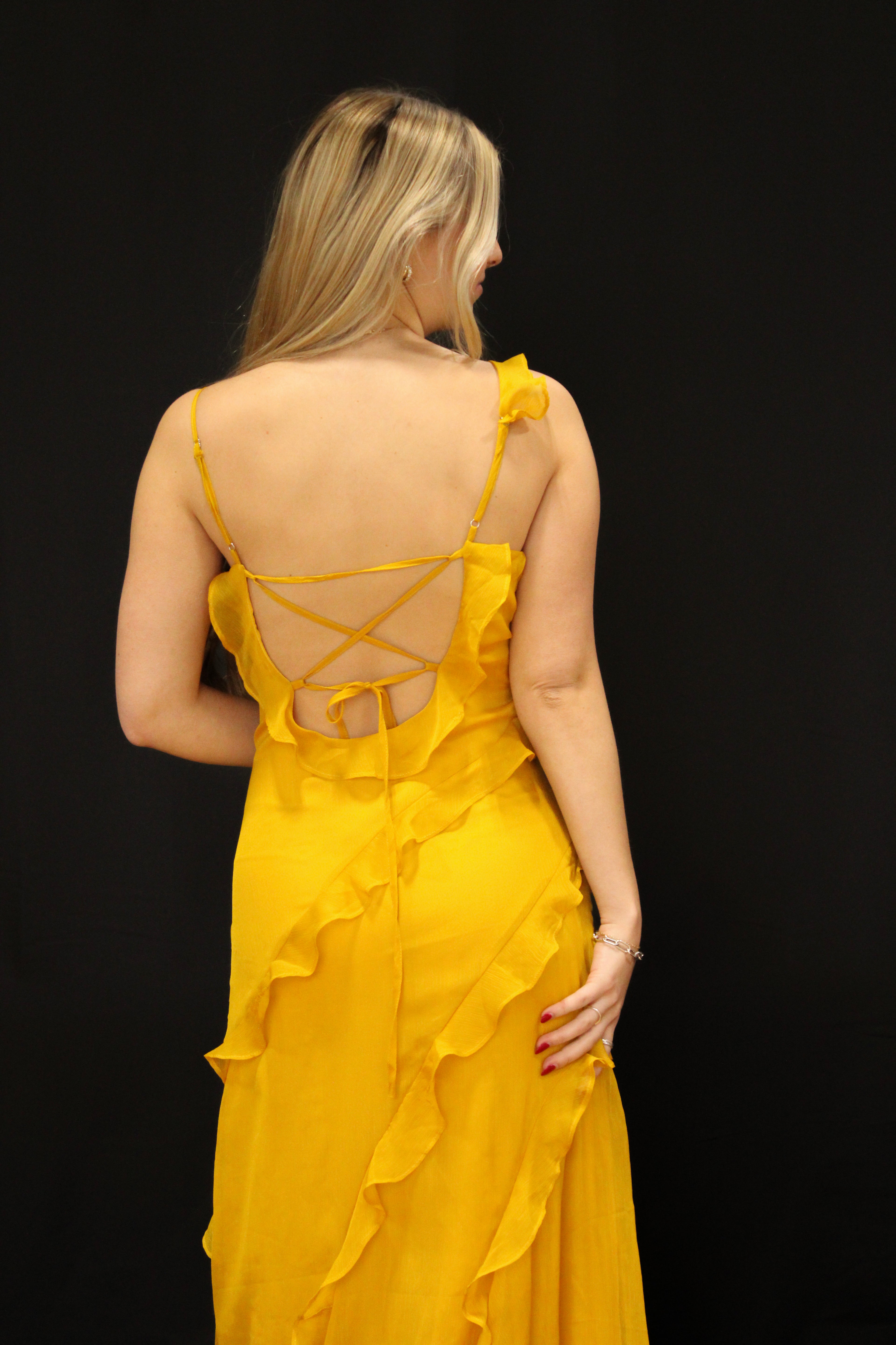 Yellow Asymmetrical Ruffle Linen Maxi