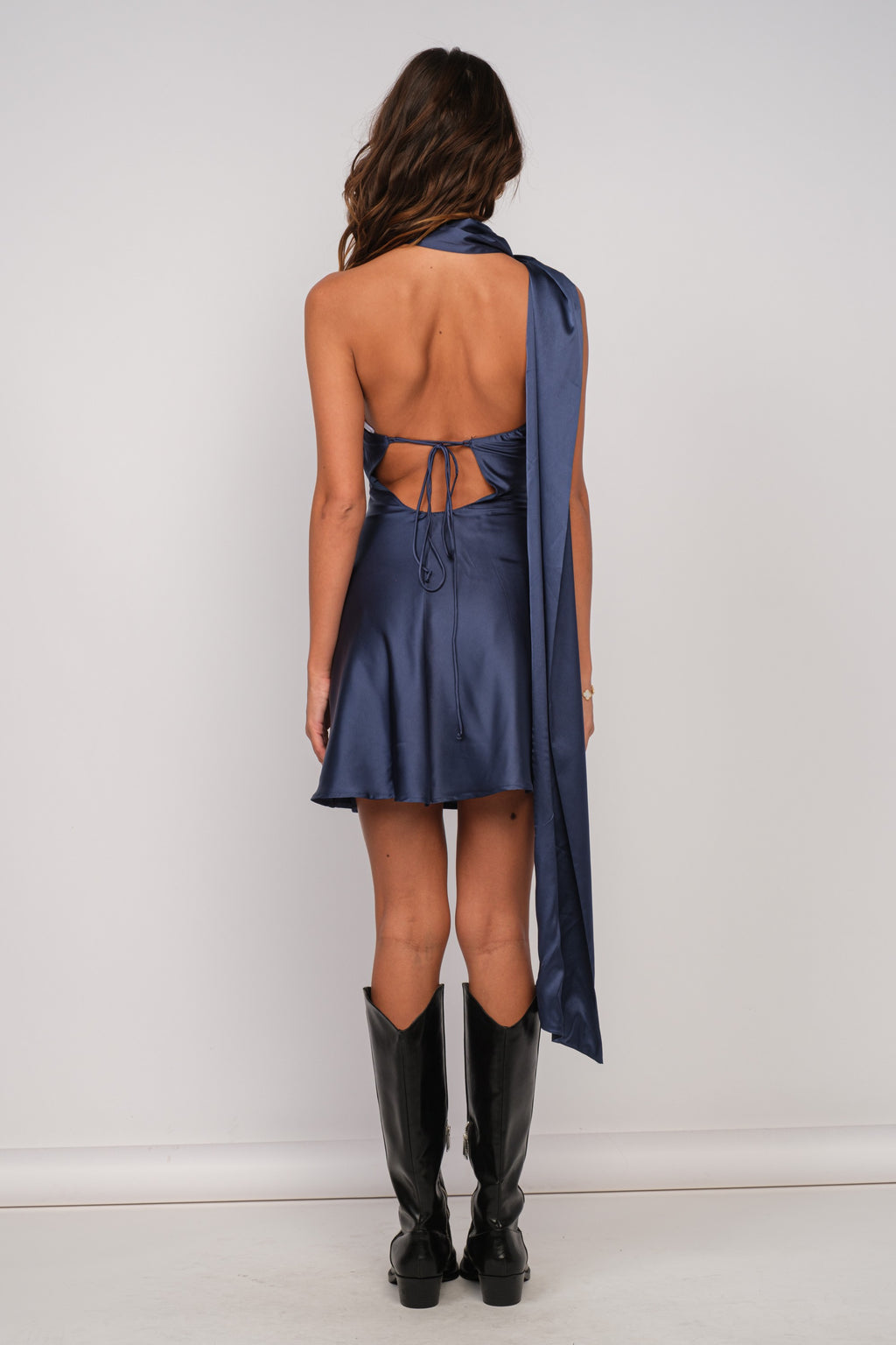 Navy Blue Scarf Neck Satin Mini