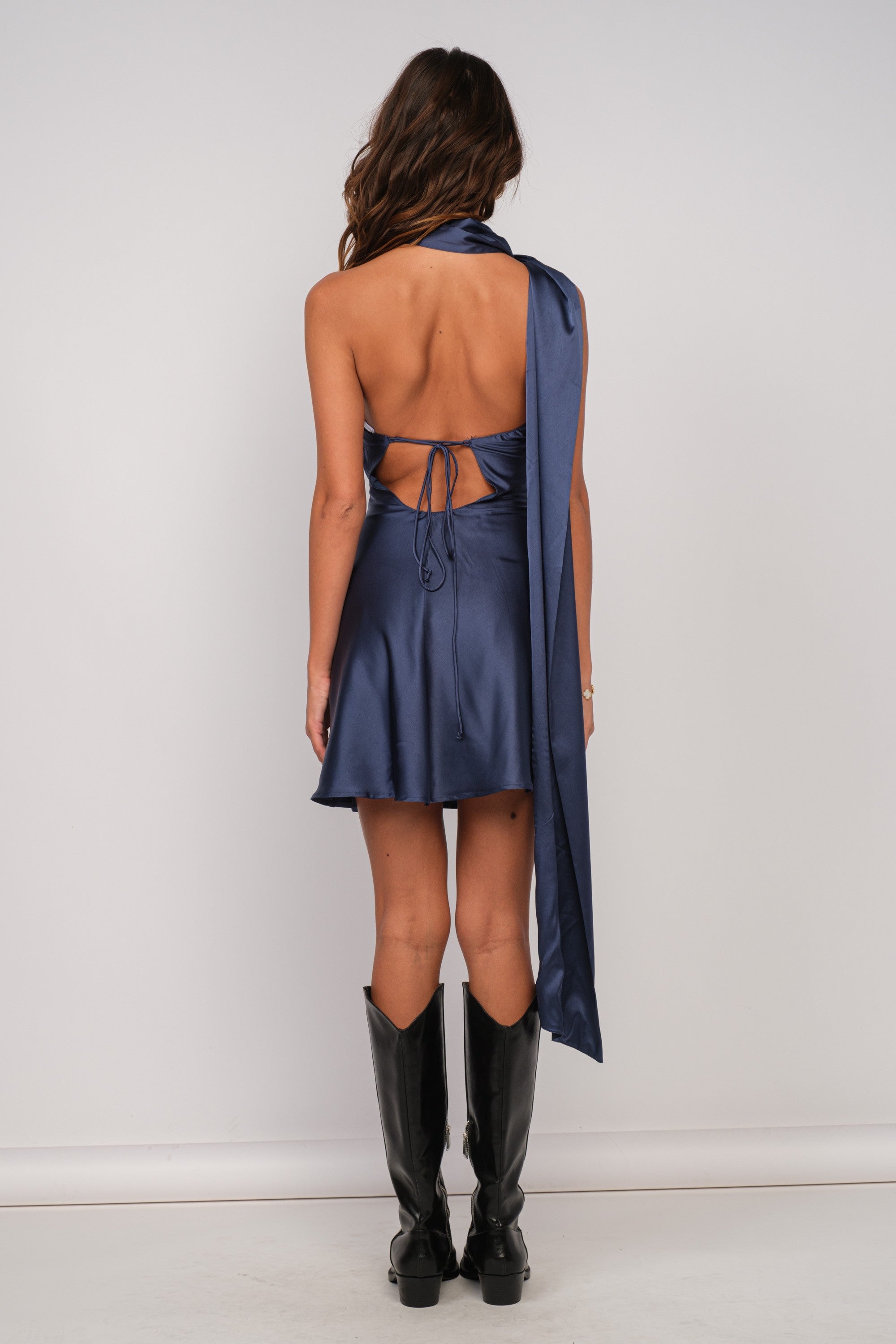 Navy Blue Scarf Neck Satin Mini