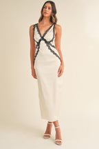 Ivory Black Lace Plunge Neck Midi