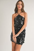 Black Halter Neck Sequin Mini