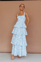 Blue Floral Tiered Skirt Maxi