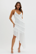 White Tiered Ruffle Asymmetrical Midi