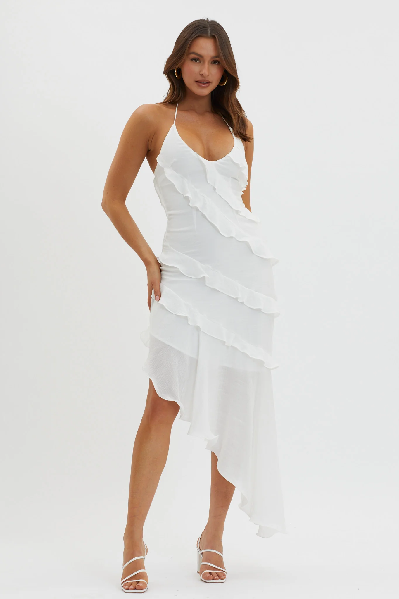White Tiered Ruffle Asymmetrical Midi