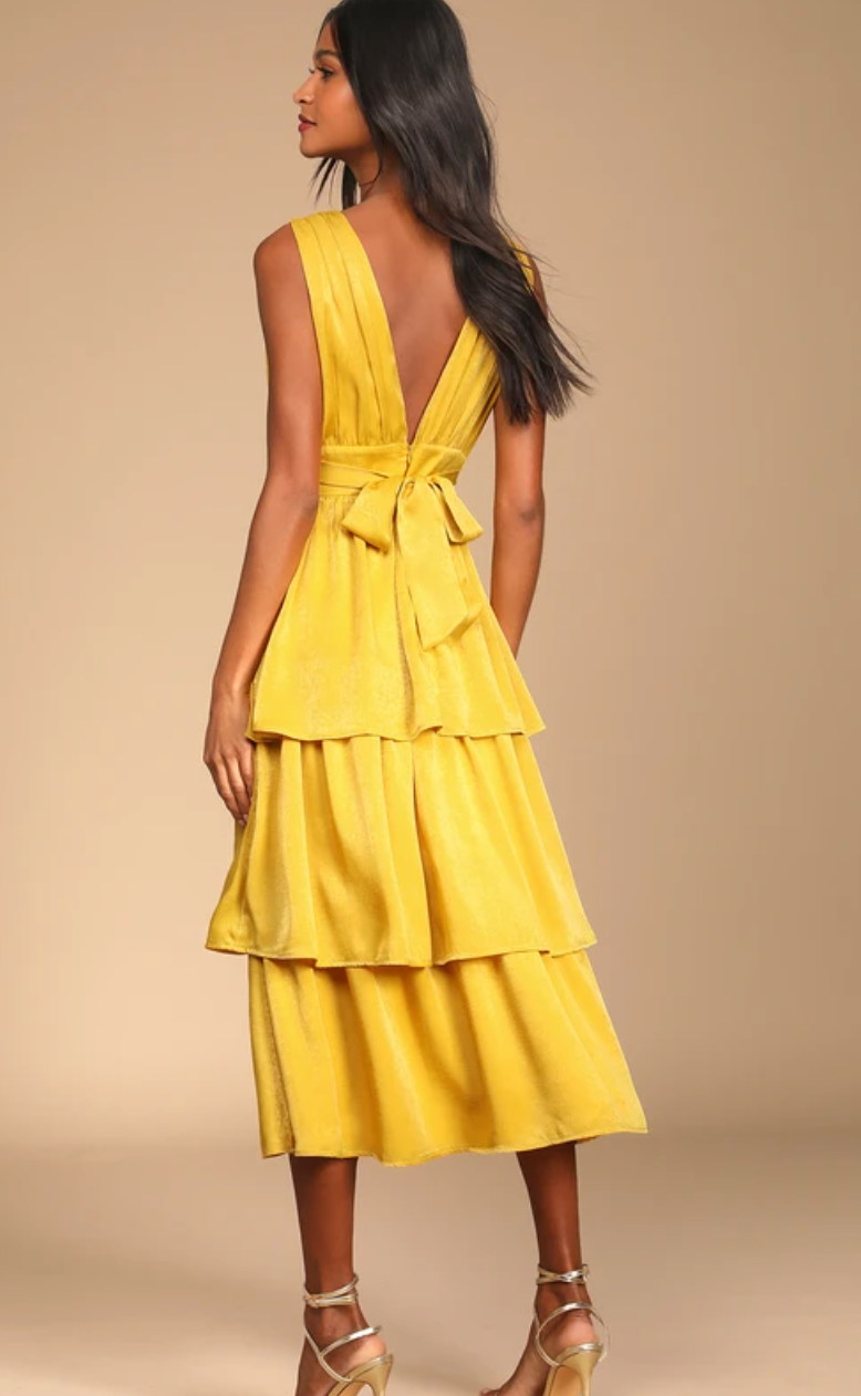 Yellow Tiered Satin Maxi