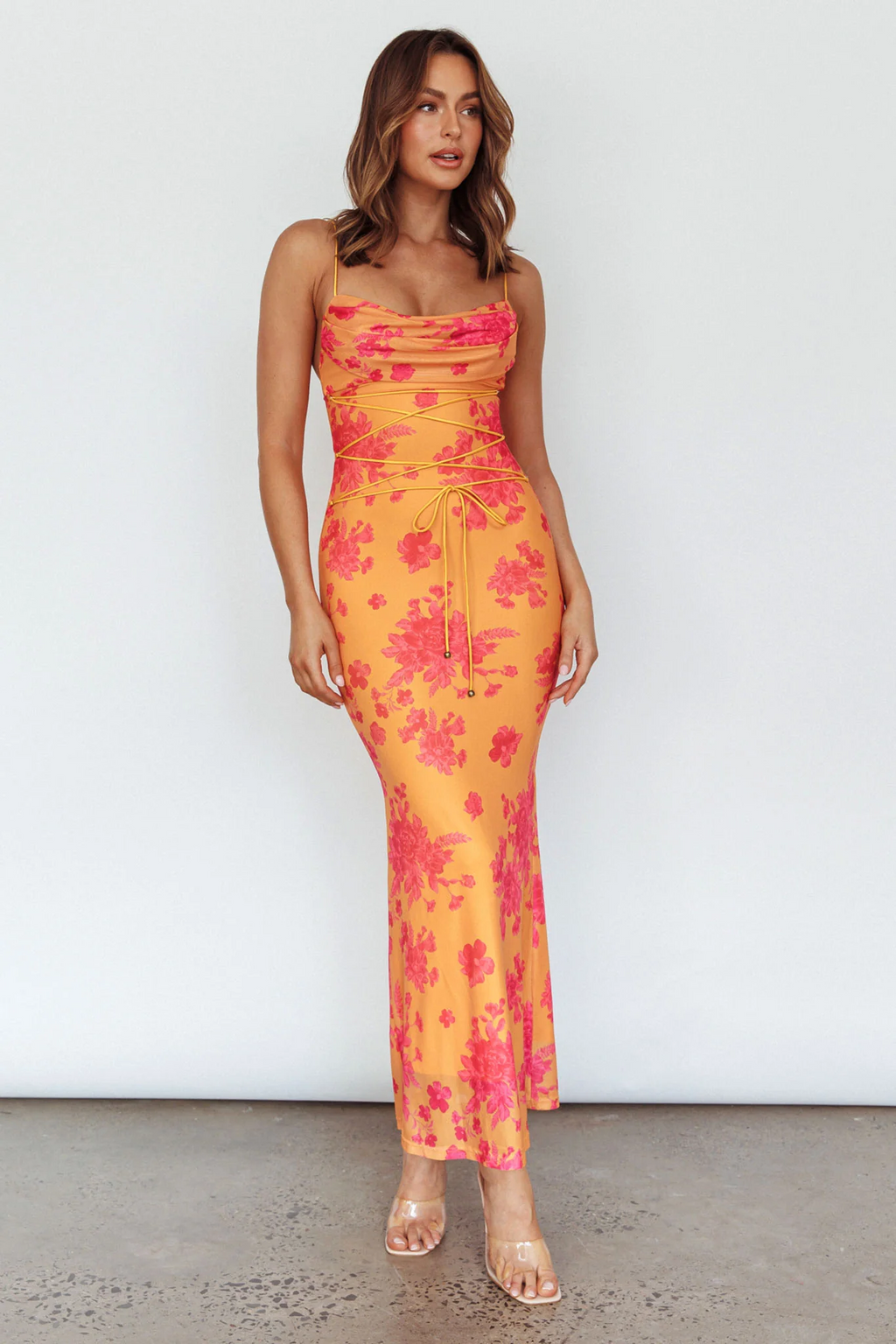 Orange Floral Cowl Neck Lace Up Maxi