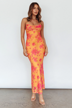 Orange Floral Cowl Neck Lace Up Maxi