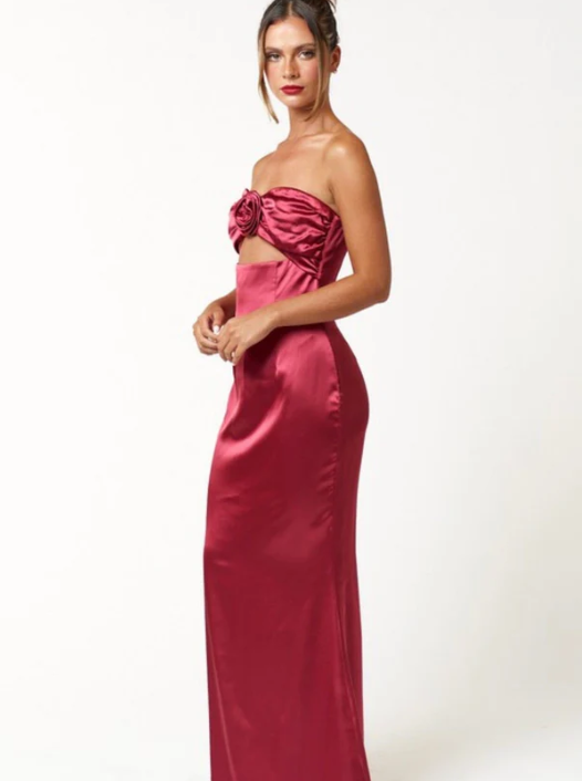 Rose Flower Detail Satin Maxi