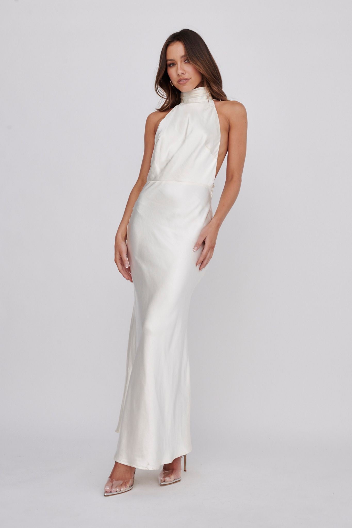Ivory High Neck Open Pearl Back Maxi
