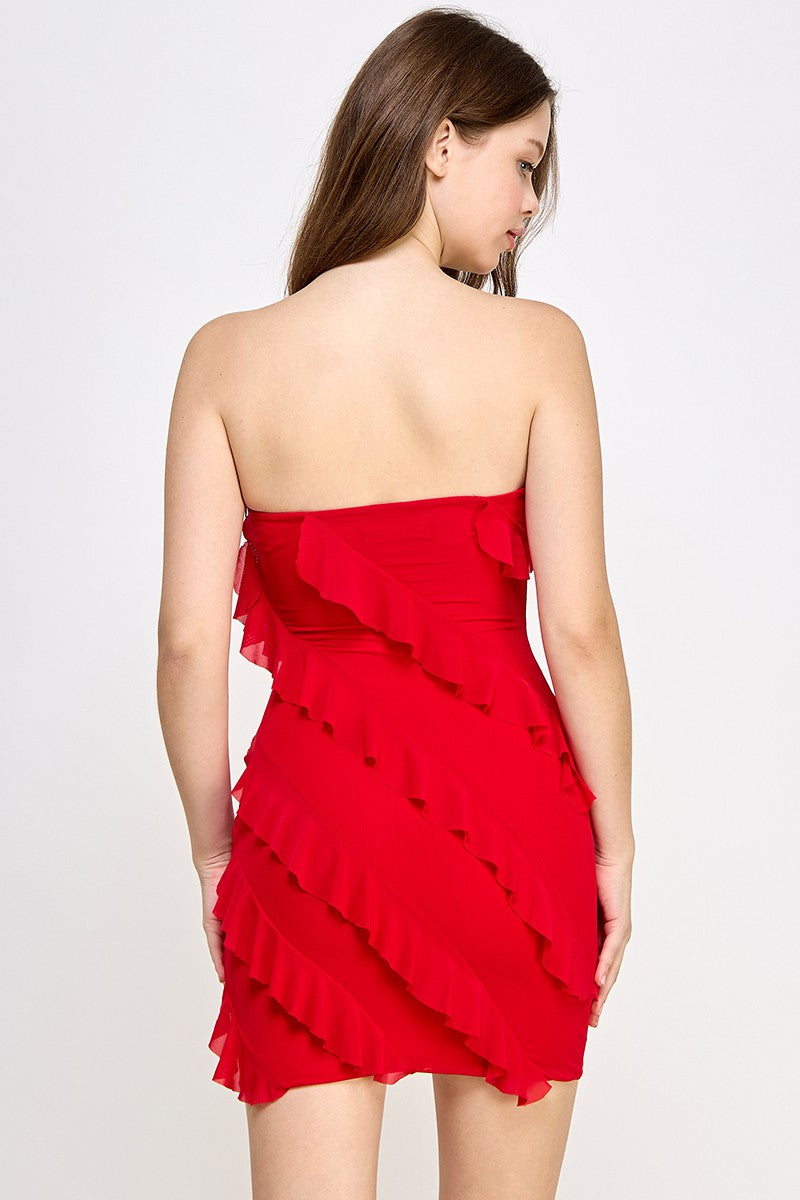 Red Ruffle Strapless Tube Mini