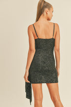 Black Sequin V-Neck Draped Mini