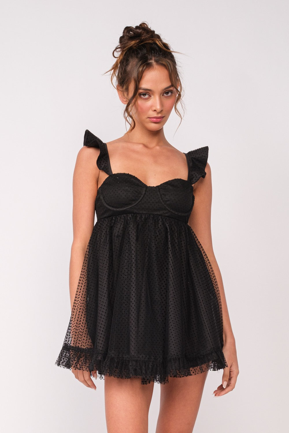 Black Polka Dot Mesh Babydoll Mini