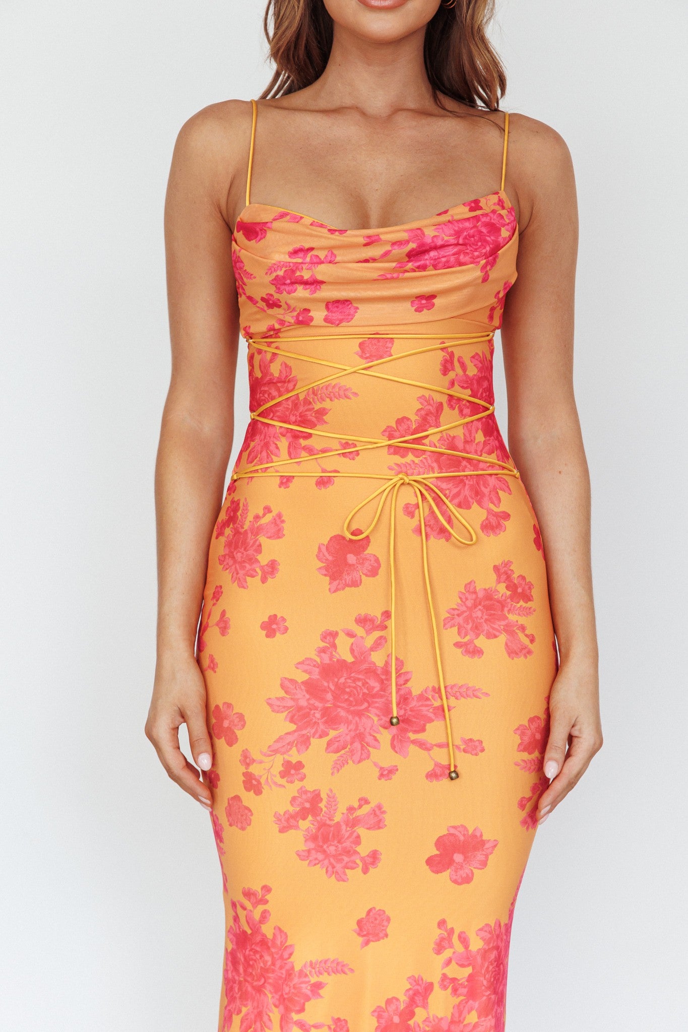 Orange Floral Cowl Neck Lace Up Maxi