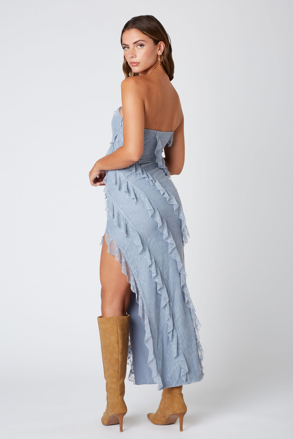 Light Blue Lace Ruffle High Slit Maxi