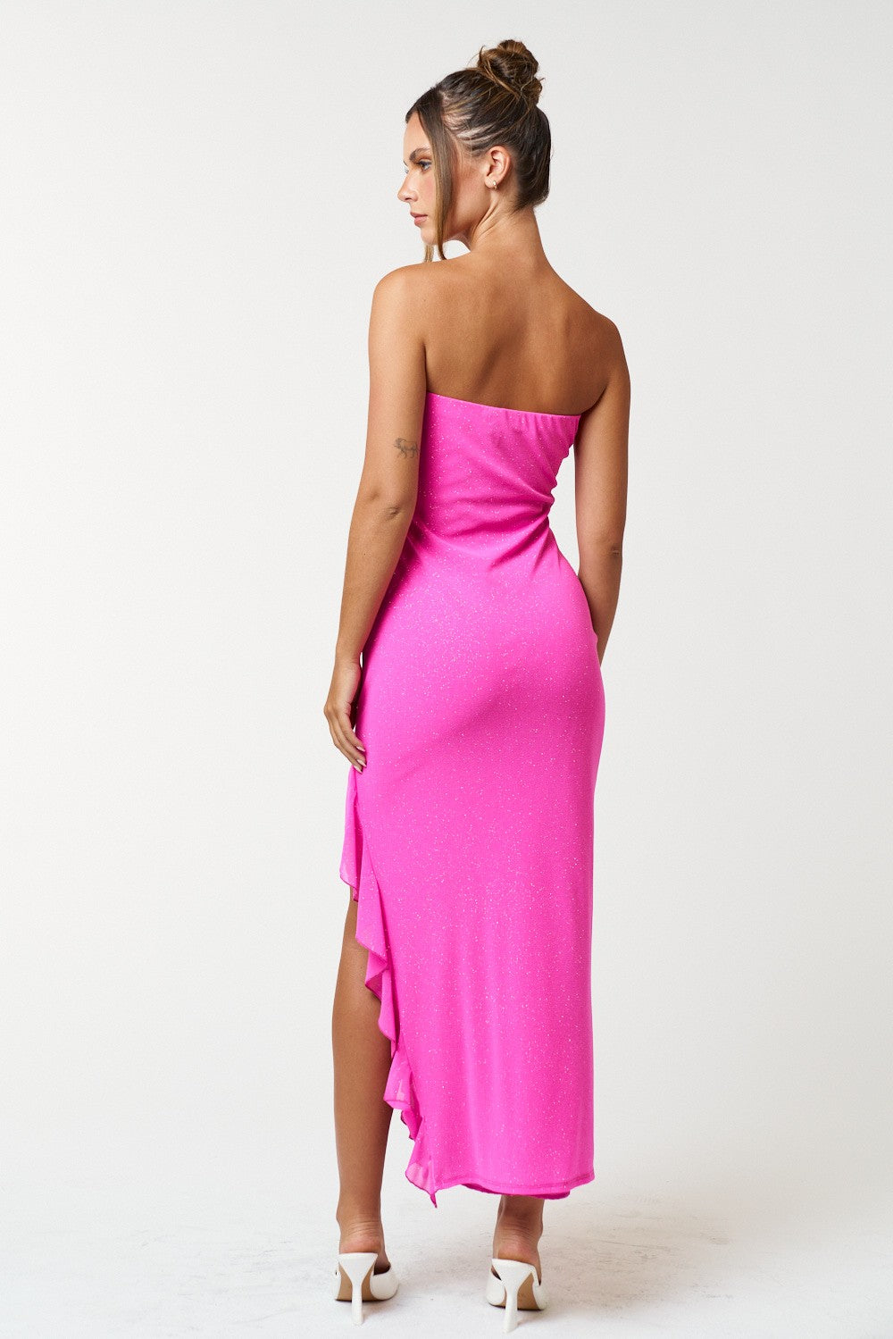 Hot Pink Glitter Strapless Midi