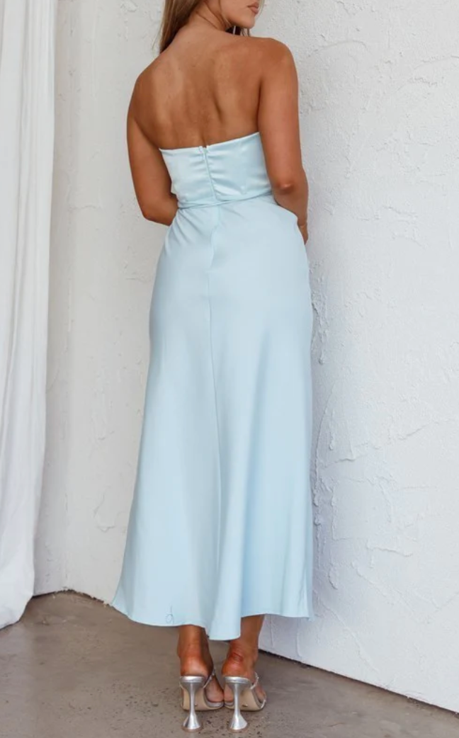 Light Blue Strapless Satin Midi