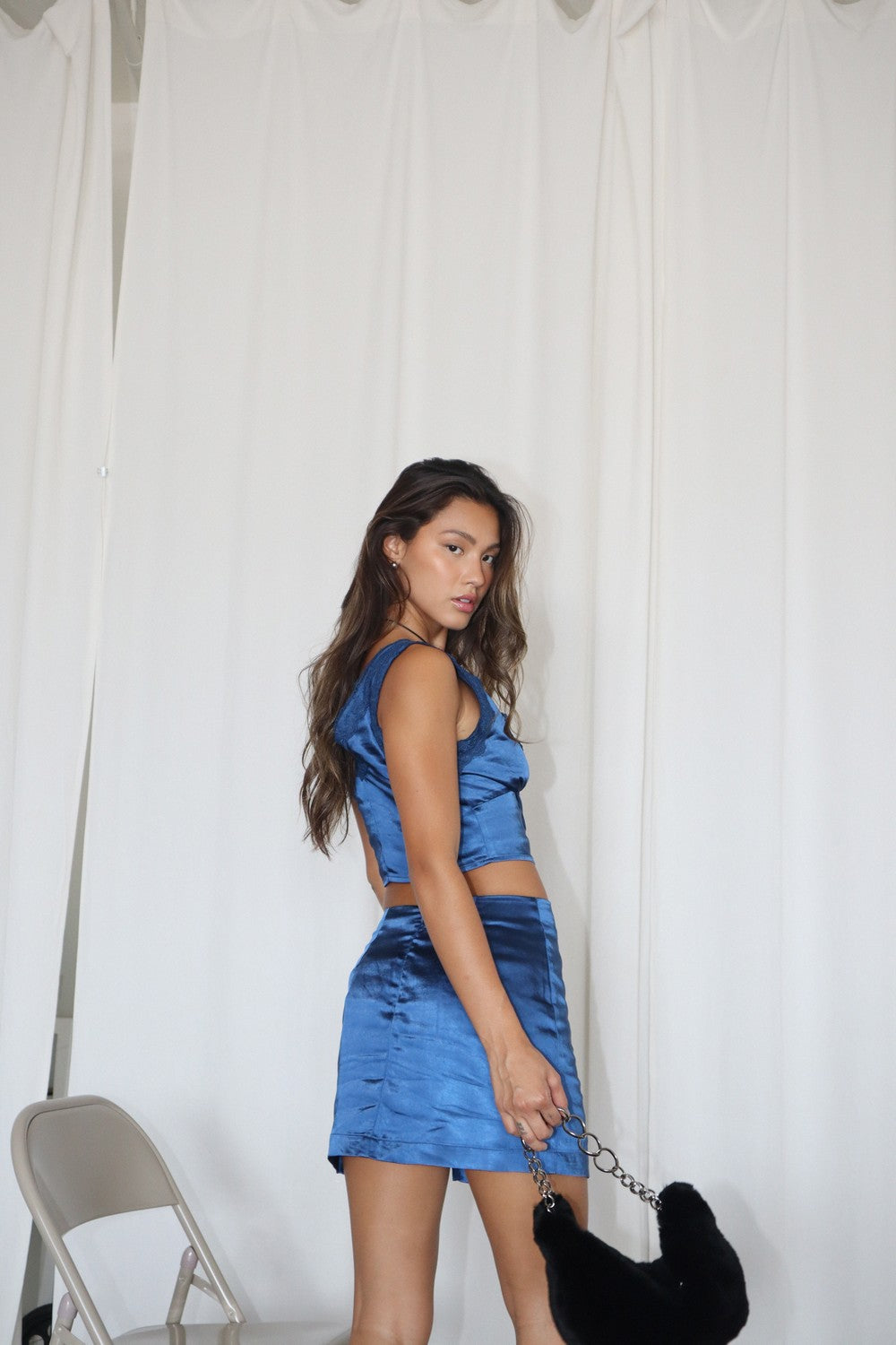 Dark Blue Lace Satin Set