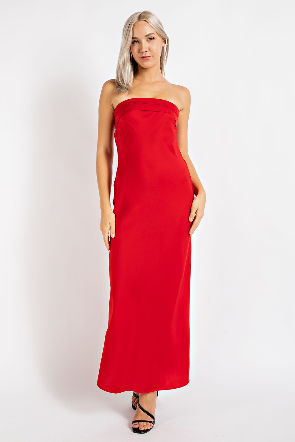 Red Strapless Satin Maxi