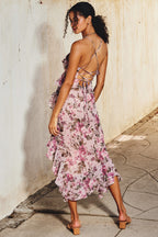 Purple Floral Ruffle High Slit Midi