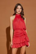 Red High Neck Ruffle Mini