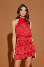 Red High Neck Ruffle Mini