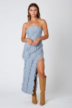 Light Blue Lace Ruffle High Slit Maxi