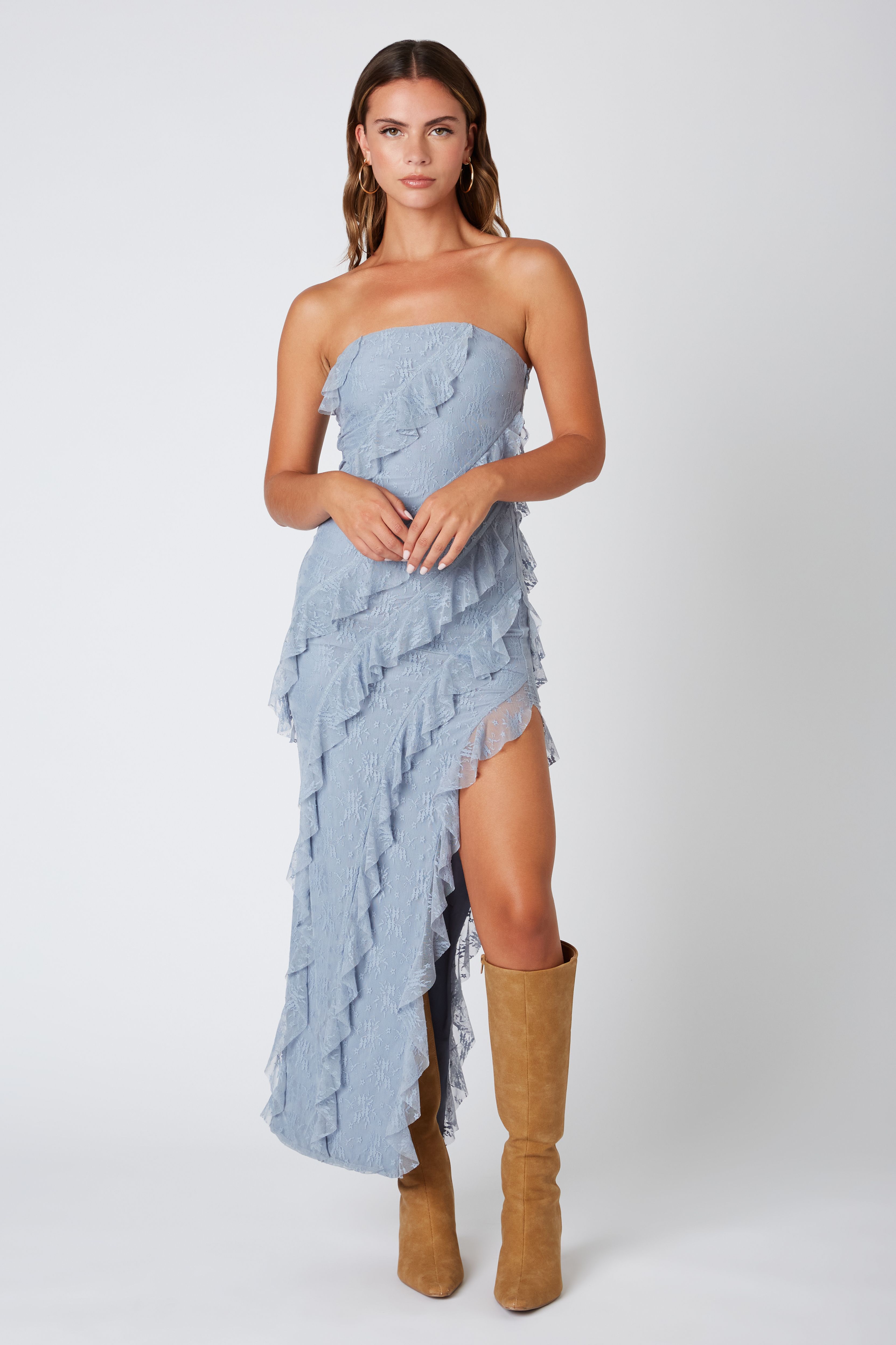 Light Blue Lace Ruffle High Slit Maxi