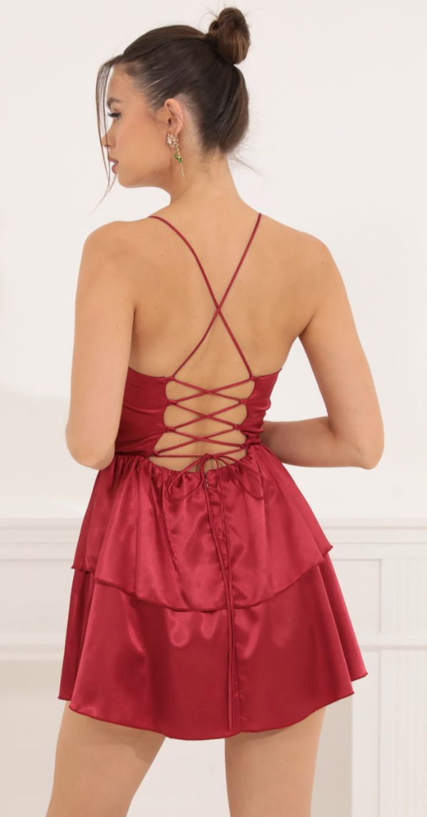 Wine Ruffle Satin Mini
