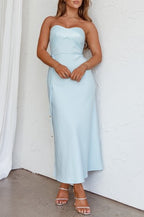 Light Blue Strapless Satin Midi